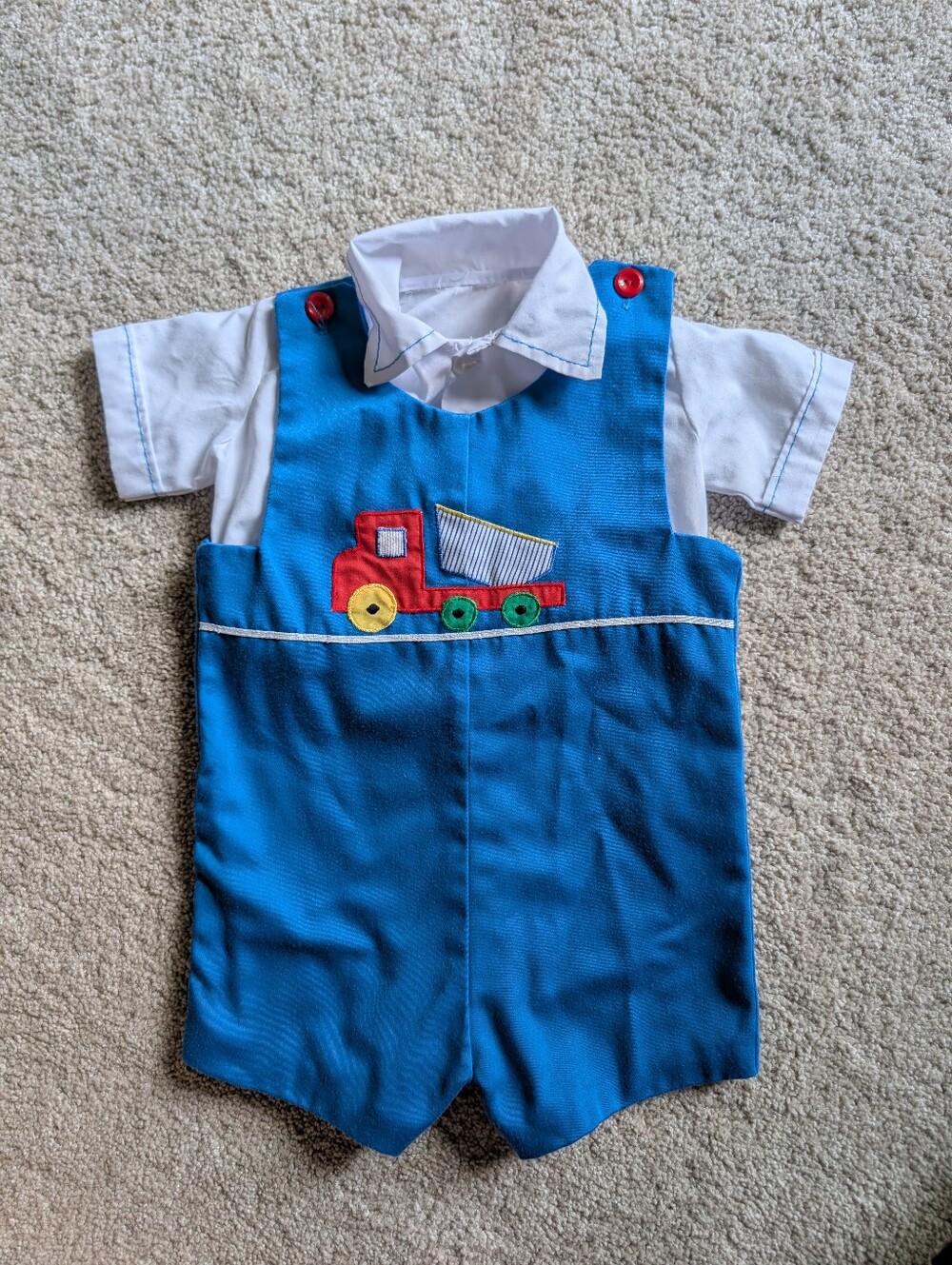 12 Month Blue Vintage Jon Jons Shortalls Set with Red Truck Appliqué Handmade